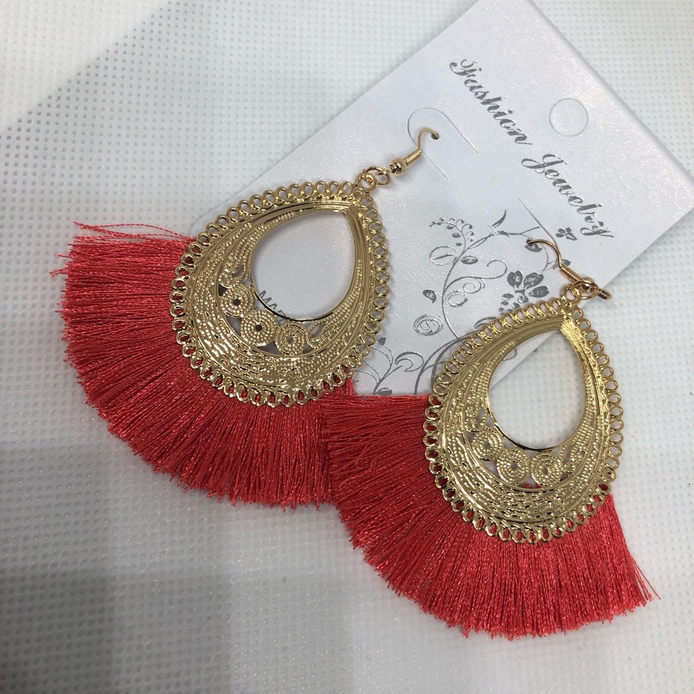 Red Fan Tasssel Fringe Earrings ✨Free Hoops Gift✨